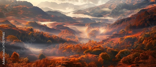 Scottish Highlands in autumn: a patchwork of fiery foliage and misty hills photo