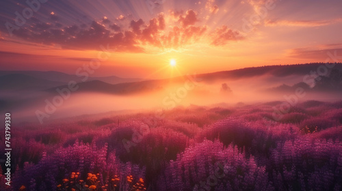 Sunrise Over Misty Flower Field