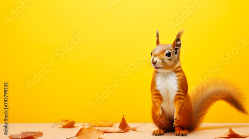 Red squirrel on yellow background photo