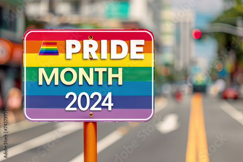 Pride Month 2024 Road Sign with Rainbow LGBT Colors on Urban Street