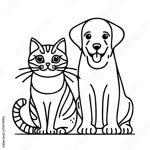 Adorable vector line sketch of dog and cat, simple and cute pet drawing