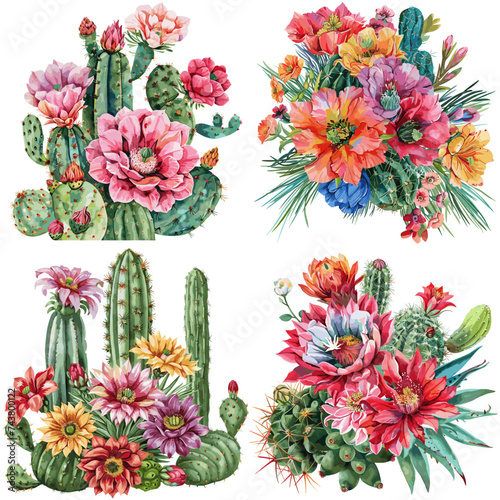 Watercolor set of Cactus flower isolated on white background