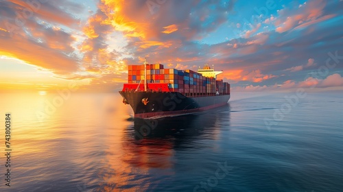 Cargo container Ship, cargo vessel ship carrying container, A large container cargo ship travels over ocean, The scene is illuminated by the bright sunlight