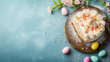 A Rustic Wooden Tray With A Pastel Easter Cake