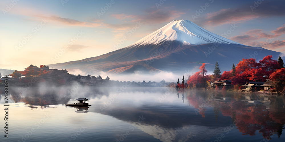 A large mountain with a snow cap at the top in japan with cherry blossoms in the background , colorful autumn leaves and Mount Fuji and red leaves at Lake Kawaguchiko are among the best in Japan