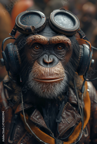 Portrait of chimpanzee dressed in vintage aviator jacket and aviator glasses listening to music on headphones. © Vadim