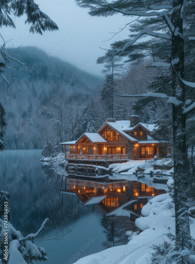 Beautiful cabin sits on lake in the winter with snow and trees surrounding it.