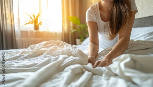 Woman s hands tucking white fitted sheet onto mattress, adding cozy touch to bedroom ambiance.