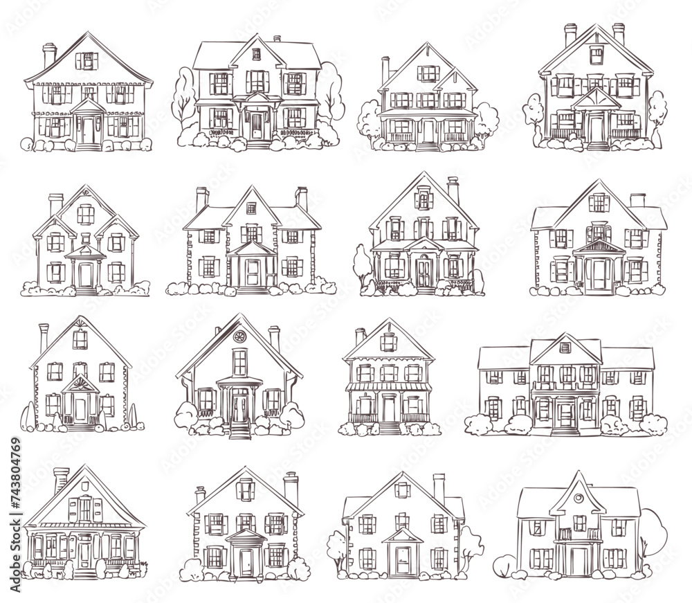 vector sketch set of american brick and wooden  houses