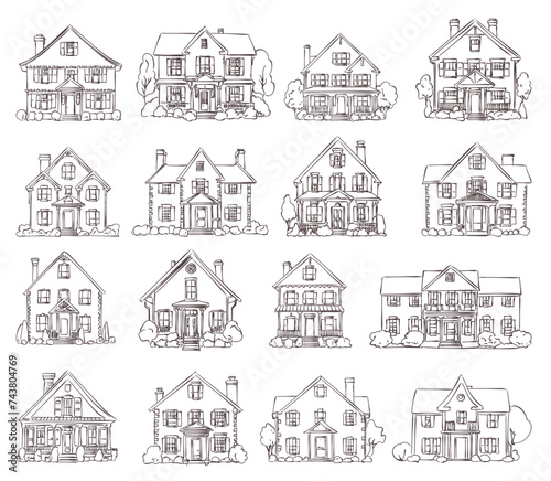 vector sketch set of american brick and wooden  houses