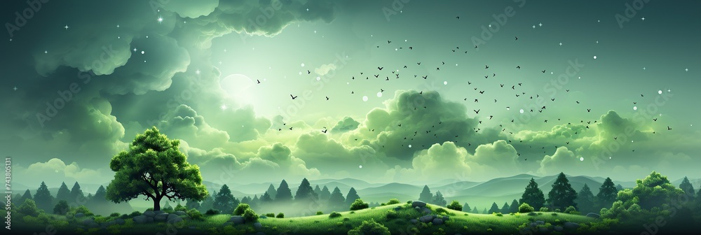 A serene painting depicting a lush green landscape with tall trees reaching towards the sky, creating a tranquil and harmonious atmosphere - obrazy, fototapety, plakaty 