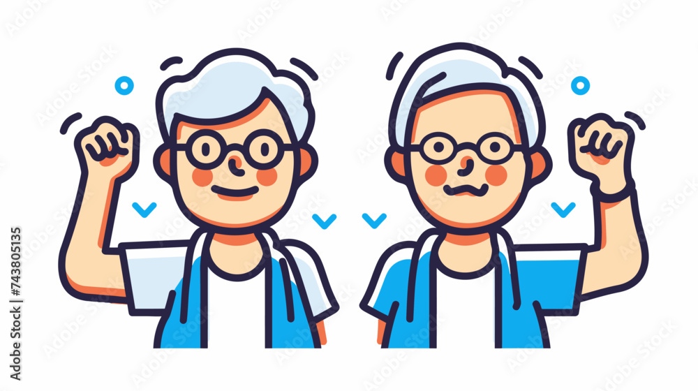 Elderly man and woman in glasses and blue t-shirts. Vector illustration