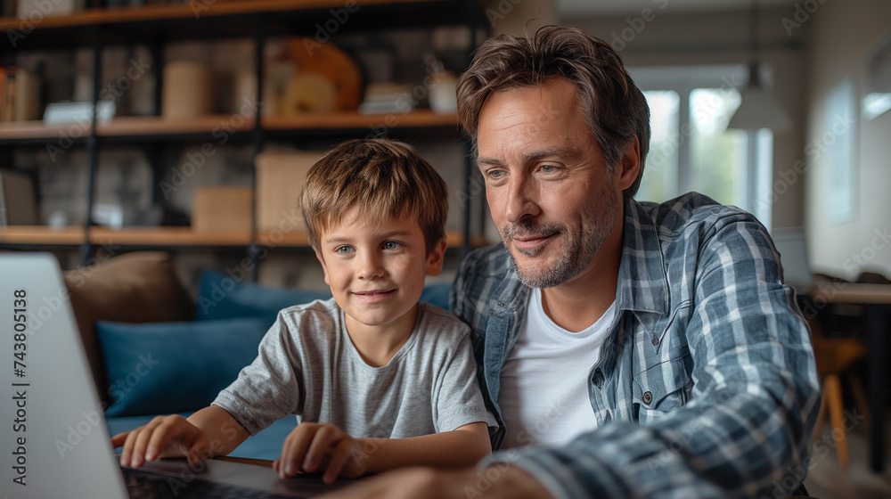 Father helping son with homework, laptop, computer Father helping son with homework, laptop, computer