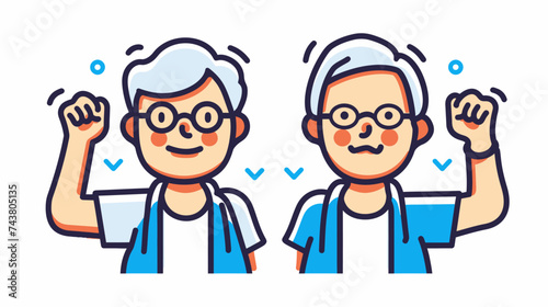 Elderly man and woman in glasses and blue t-shirts. Vector illustration