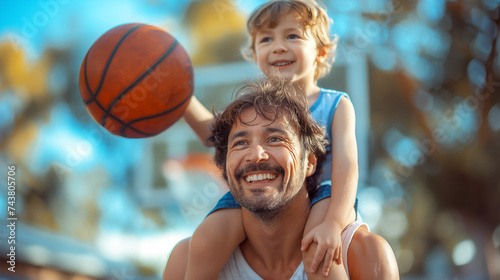 Father and son playing basketball, father having fun with little son at basketball court