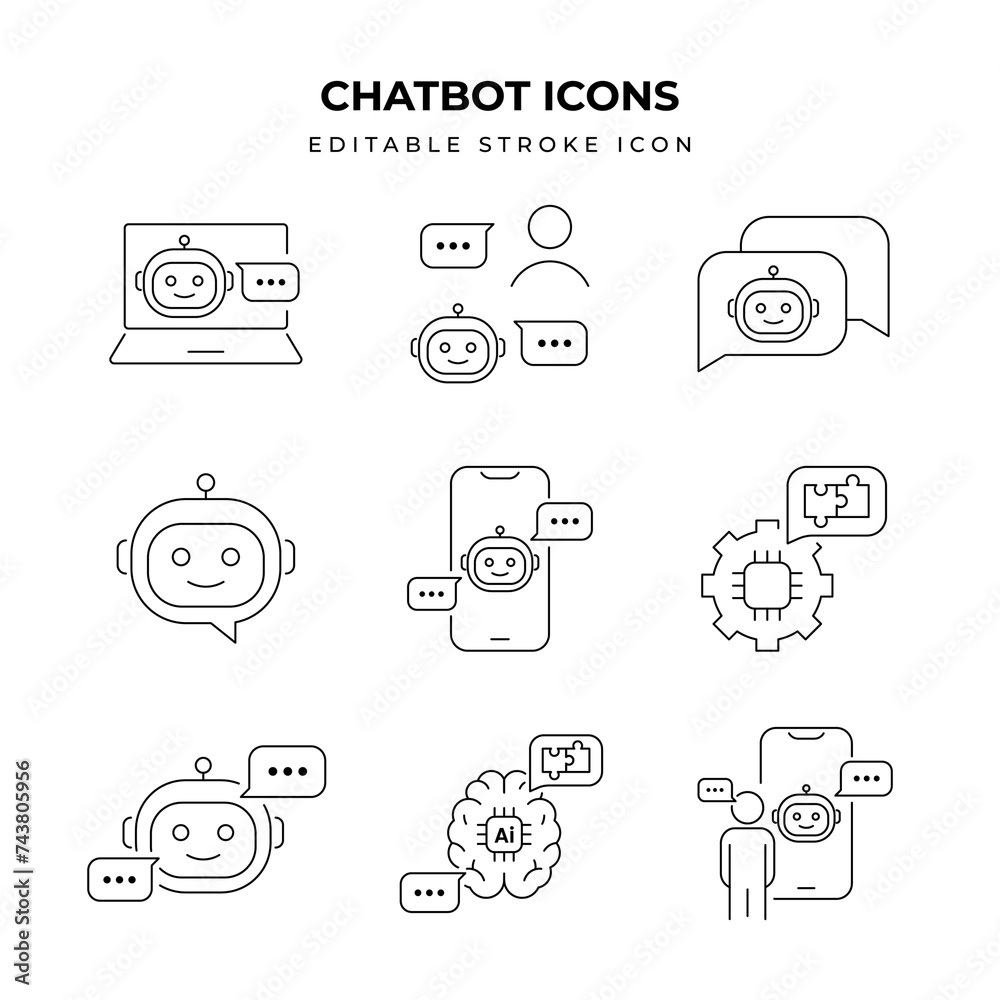 Set of Chatbot Icon Packs. Simple line art and editable stroke, color, and size, icon packs. chatbot, agent, ai, assistance, icon, support, bot, help, assistant, service, conversation