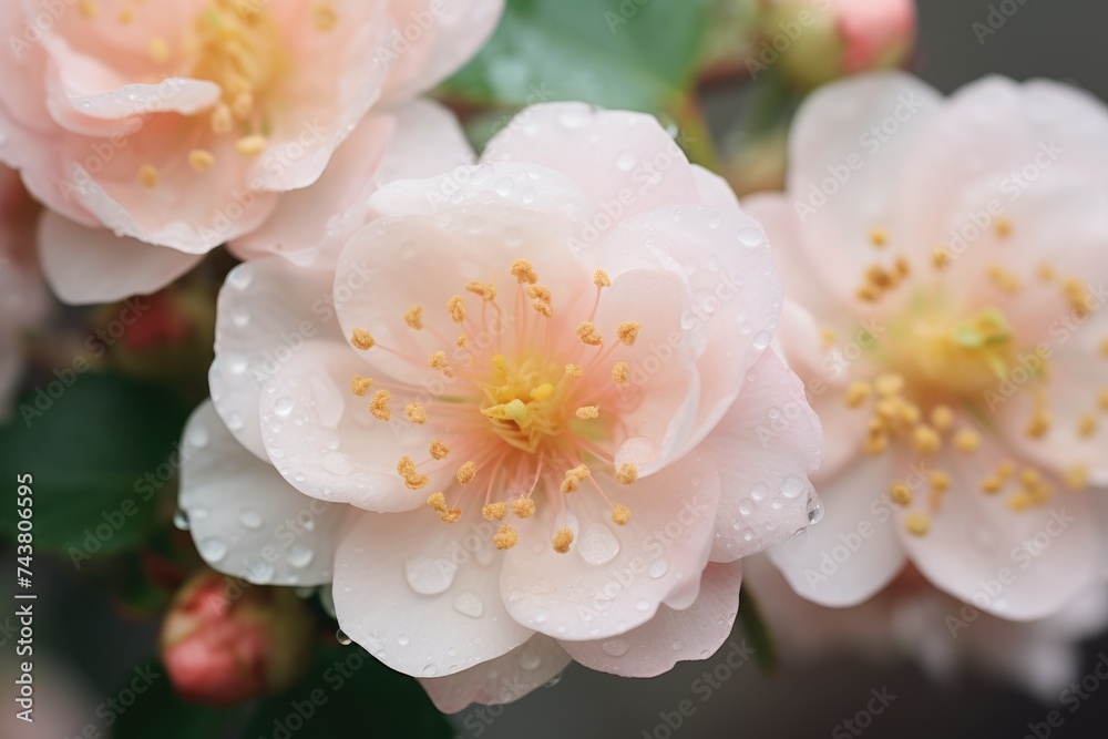 A cluster of vibrant pink flowers adorned with sparkling water droplets glistens under the light A cluster of vibrant pink flowers adorned with sparkling water droplets glistens under the light