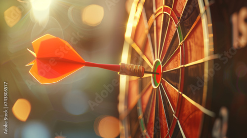 Close up red color arrow in the center of Bullseye or bull's-eye for business targeting and good success.