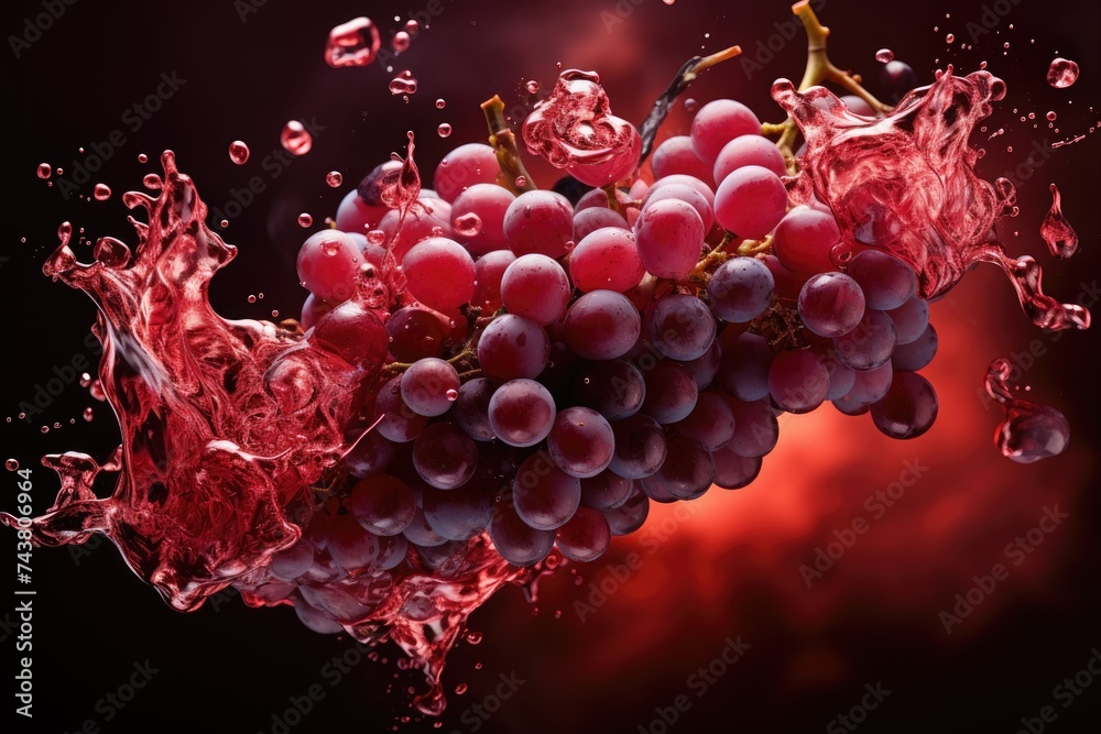 A vibrant cluster of grapes being drenched by cascading water, creating a captivating and dynamic scene of natures artistry A vibrant cluster of grapes being drenched by cascading water, creating a captivating and dynamic scene of natures artistry