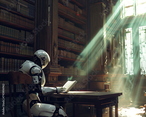 Robot sitting in a library and reading the holy book bible. Concept of Artificial intelligence, religion and humanity.