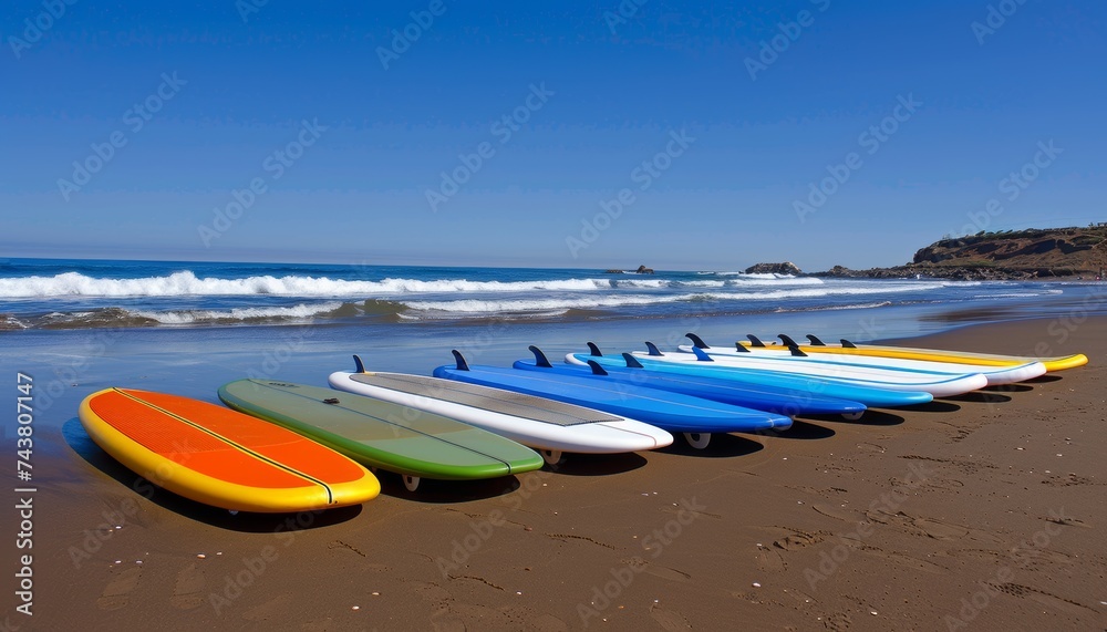 Colorful surfboards ready for waves on sunny beach next to sea with copy space, surf s up concept