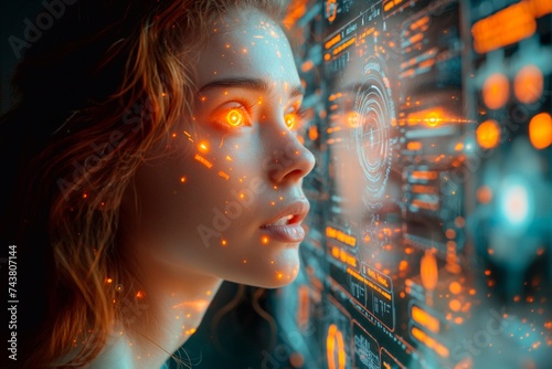 A young woman looks at a brightly colored transparent virtual panel that displays the health status of the human body.
