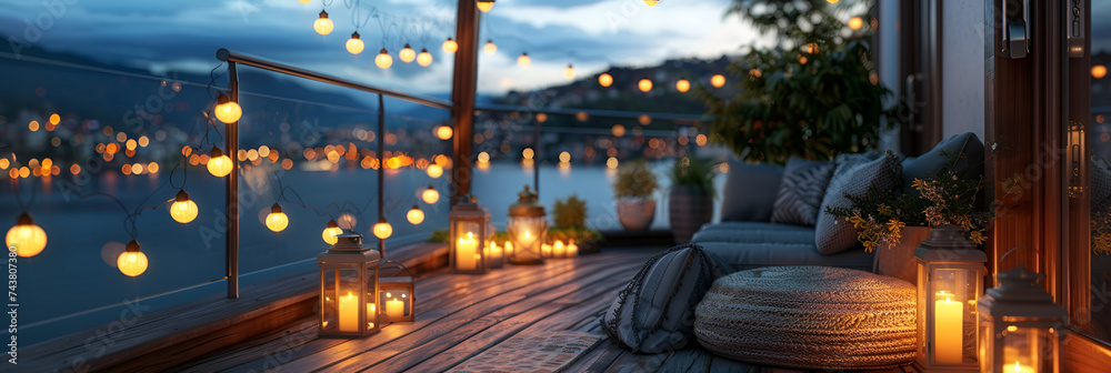 View over cozy outdoor terrace with outdoor, Enjoy a warm autumn evening on the luxurious roof terrace of a modern suburban home, with cozy string lights and elegant lanterns casting a soft glow over
