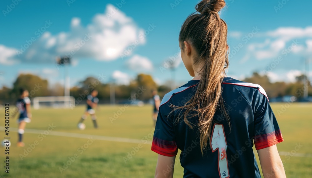 Fototapeta premium Young Female Soccer Player Wearing Jersey Number 1 Watching Teammates Practice