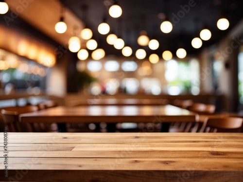 Empty brown wooden table and blur background of abstract of resturant lights people enjoy eating  can be used for montage or display your products