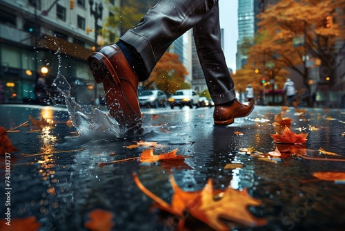 Men's brown classic shoes cutting through a puddle on a wet street, surrounded by falling leaves 