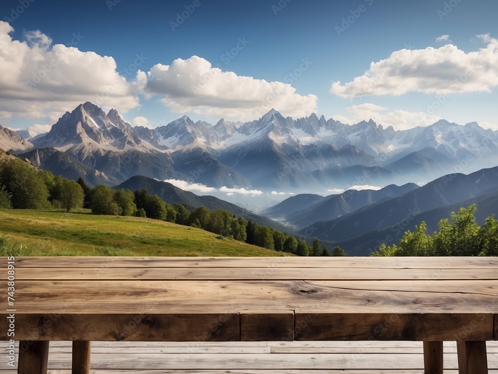 wooden table top with the view mountain landscape