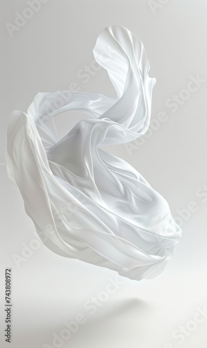 White silky floating fabric undulating on a grey backdrop.
