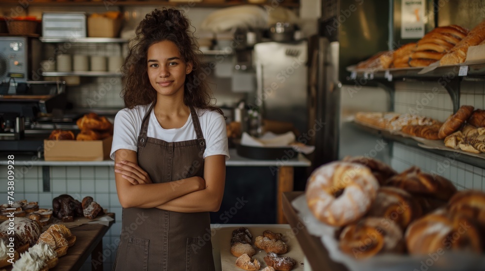 Confident Young Baker Standing in Her Cozy Bakery Surrounded by Fresh Pastries Confident Young Baker Standing in Her Cozy Bakery Surrounded by Fresh Pastries