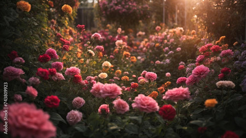 Magic garden of rose bushes