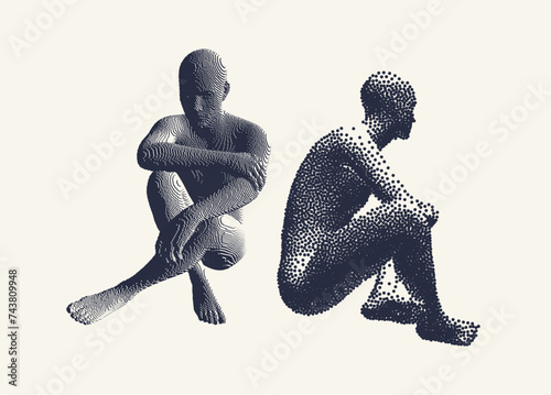 Man thinks about a problem. Despair, depression, hopelessness or addiction Concept. 3D model of man. Voxel art. Vector illustration.