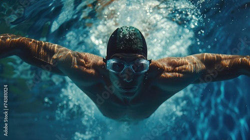 dynamic and fit swimmer in cap breathing performing the butterfly stroke photo