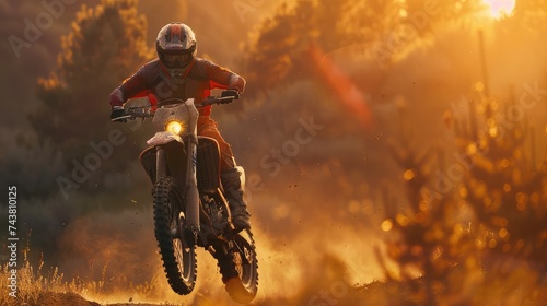 Dirt bike rider is flying high in evening