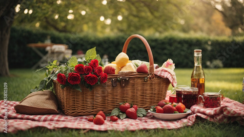 Amazing summer picnic with fruits and flowers
