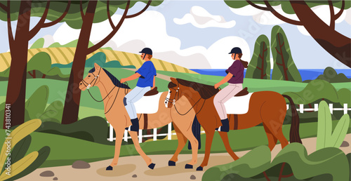 Vector flat illustration of horse riding. Man and woman at horse ride or walk outdoor in jockey outfit. Equestrian at lesson in training outfit with helmet. Pony club rider at horseback. Animal sport