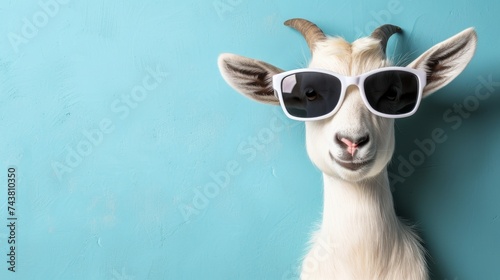 Silly goat in stylish sunglasses against pastel backdrop, perfect for text placement.