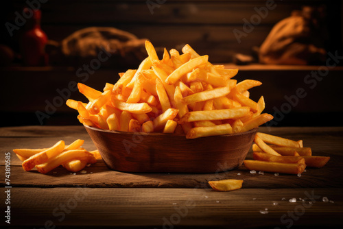 French fries in a wooden bowl on a blurred background. Tasty french fries on wooden table