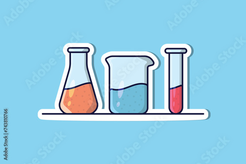 Beaker Glasses Set with Chemical Liquid Sticker vector illustration. Medical laboratory objects icon concept. Equipment for chemical test collection sticker vector design.
