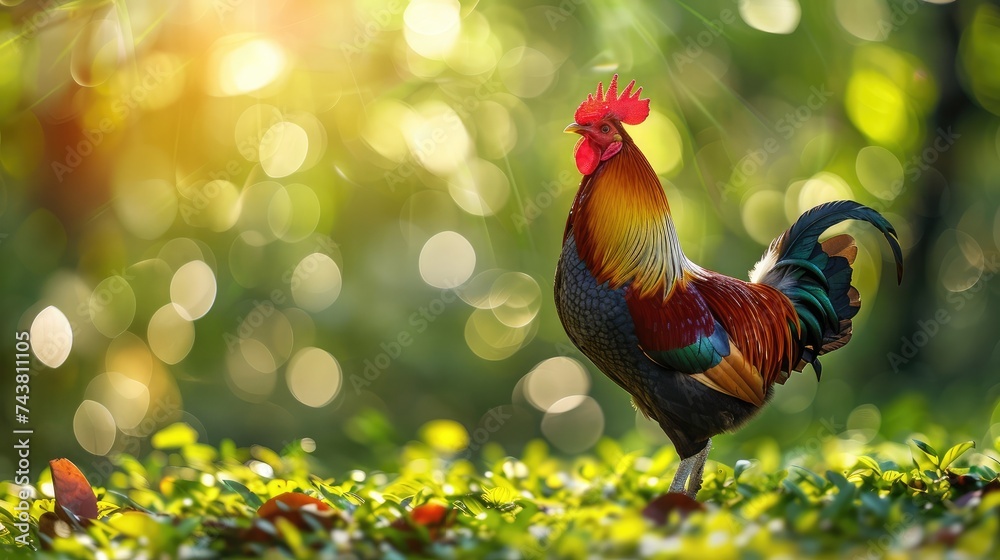 Beautiful Rooster standing on the grass in blurred nature green background.rooster going to crow.