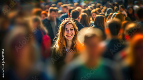 Invisible Pain: A person standing in a crowd, smiling outwardly while holding their chest, symbolizing the invisible pain of mental anguish hidden from others