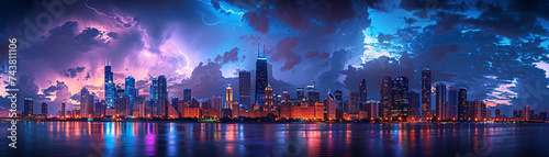 City skyline under thunderstorm with dramatic purple and blue sky. Panoramic electric storm over metropolitan area for weather and city life concept. Wide banner design with copy space © Vodkaz