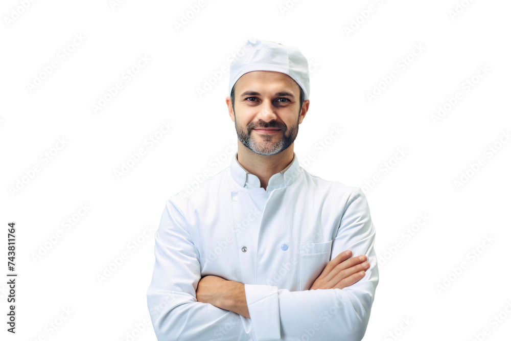 Portrait of a smiling professional chef with crossed arms pose, isolated on transparent background