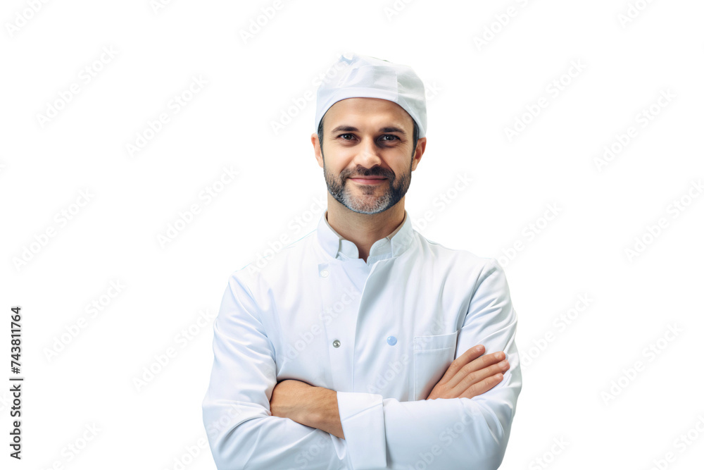 Portrait of a smiling professional chef with crossed arms pose, isolated on transparent background Portrait of a smiling professional chef with crossed arms pose, isolated on transparent background
