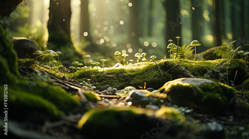 Mystical Forest Scene with Mushrooms and Moss