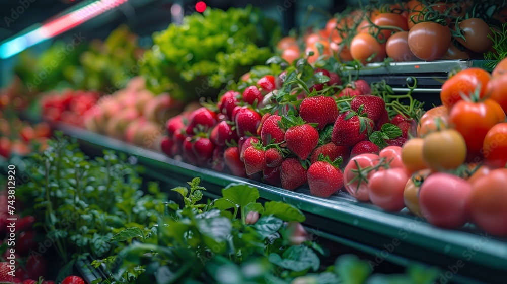 A greengrocer aisle filled with a variety of natural foods, including fresh fruits like plum tomatoes. The colorful produce section offers staple foods and ingredients for a healthy, whole food diet