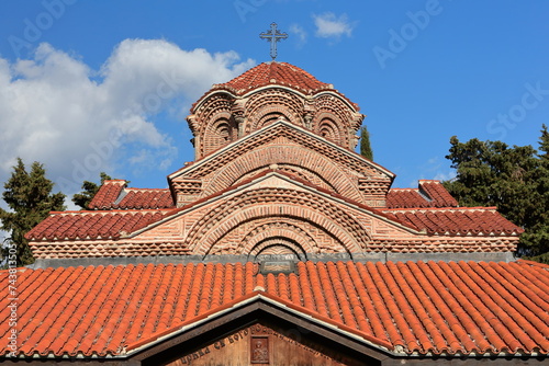 Tilted front view of the roofs, Mother of God Perivleptos Church -Crkva Presveta Bogorodica- dating from AD 1295. Ohrid-North Macedonia-322